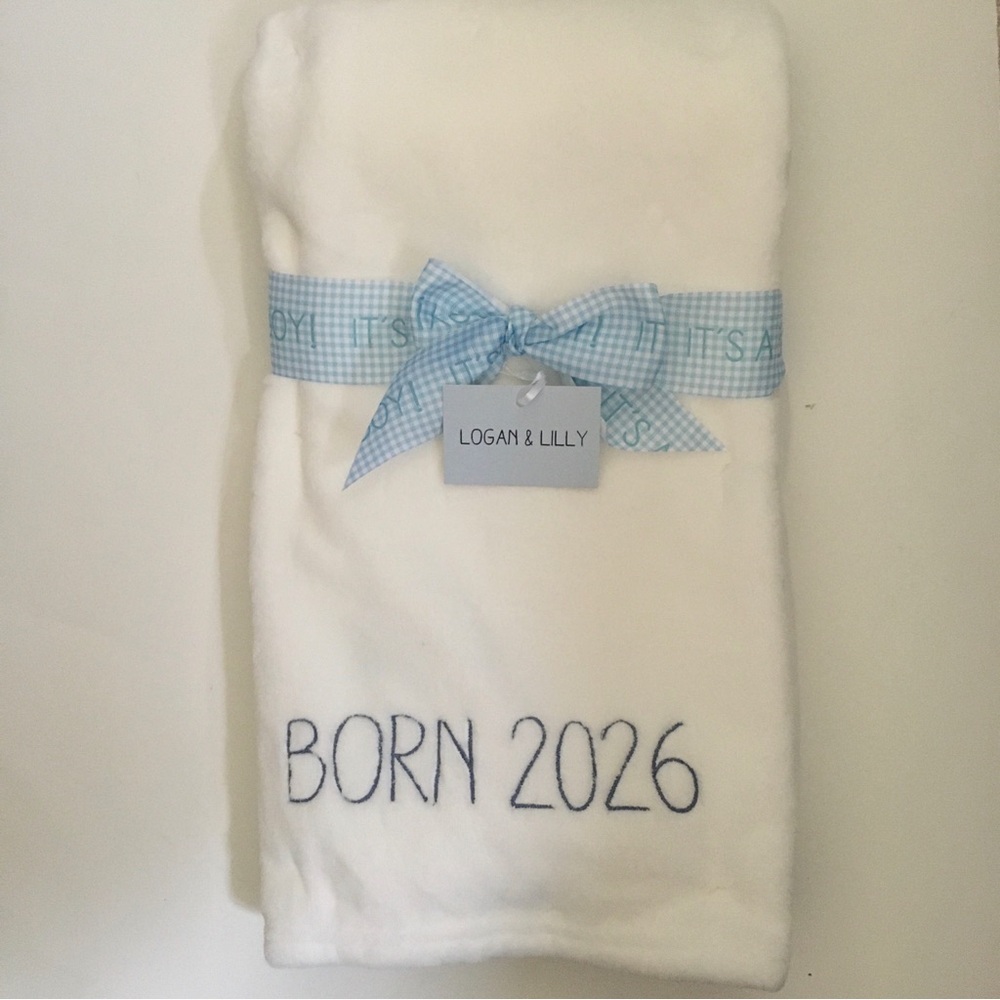 Baby Blanket White Plush Embroidered Blue “Born 2026” NEW - Ribbon It’s a Boy